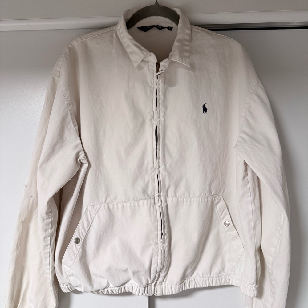 Vintage Polo Ralph Lauren White Cotton Jacket Made in USA Zip Front Size L